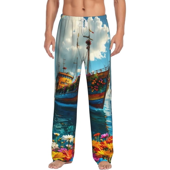 Bixox Men's Floral Ship On Ocean Patterned Pajama Pants with Pockets Lounge Clothes for Home