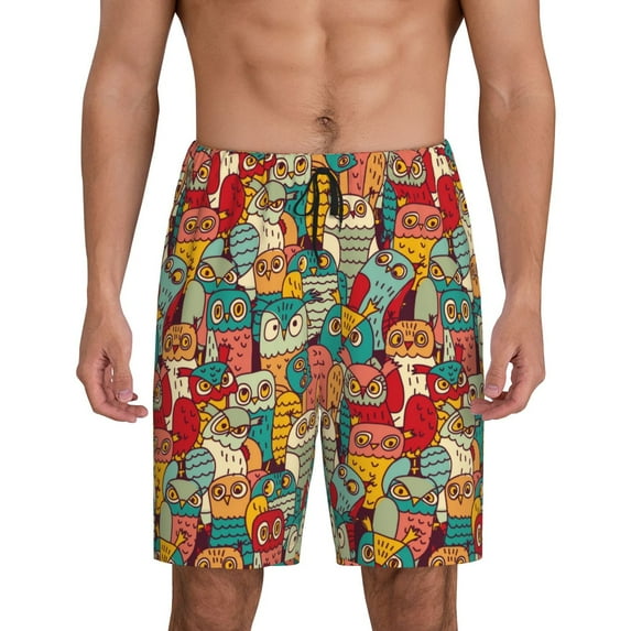 Bixox Men's Funny Owl Bird printed lightweight casual shorts, soft sleep shorts with pockets.
