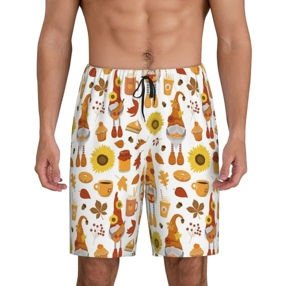 Bixox Men's Gnomes Autumn Harvest printed lightweight casual shorts, soft sleep shorts with pockets.