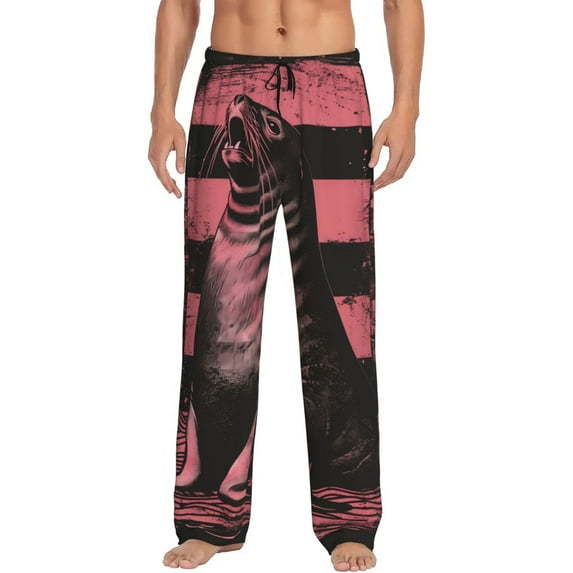 Bixox Men's Graphic Seal On Stripes Patterned Pajama Pants with Pockets Lounge Clothes for Home