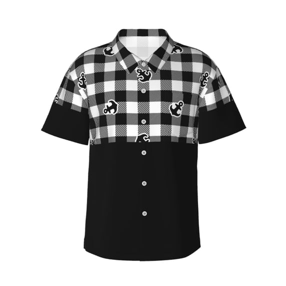 Bixox Men's Hawaiian Shirts Men's Anchor Black Tartan Plaid Print Short-Sleeve Shirt-XX-Large