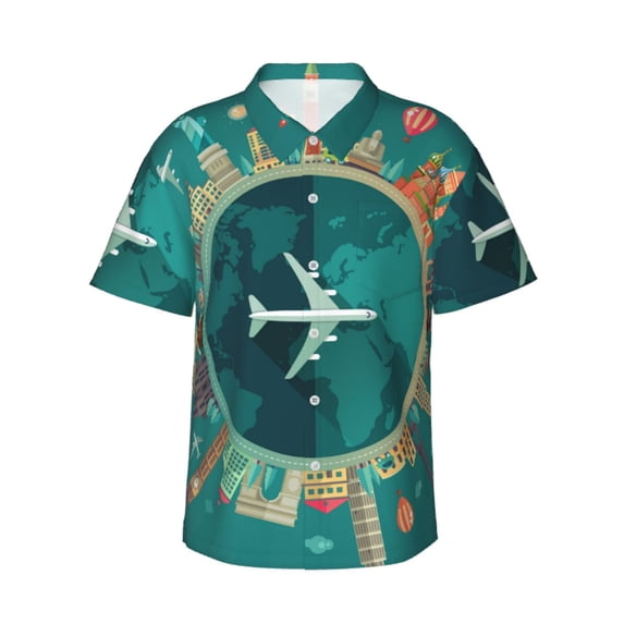 Bixox Men's Hawaiian Shirts Men's Around The Planet Print Short-Sleeve Shirt-3X-Large
