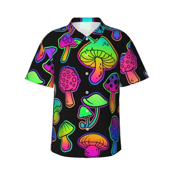 Bixox Men's Hawaiian Shirts Men's Bright Mushrooms Print Short-Sleeve Shirt-Large
