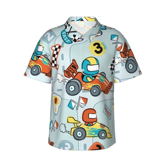 Bixox Men's Hawaiian Shirts Men's Cartoon Car Racing Print Short-Sleeve Shirt-Small