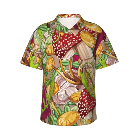 Bixox Men's Hawaiian Shirts Men's Colored Large Mushrooms and Leaves Print Short-Sleeve Shirt-3X-Large