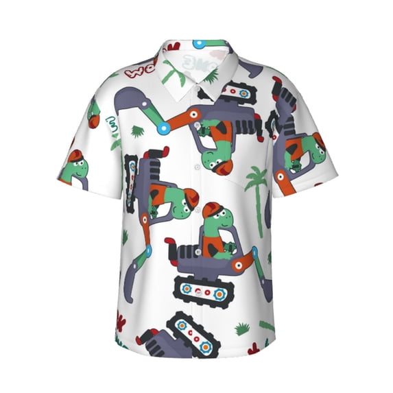 Bixox Men's Hawaiian Shirts Men's Dinosaur on Excavator2 Print Short-Sleeve Shirt-XX-Large