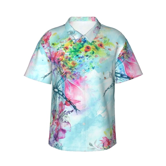 Bixox Men's Hawaiian Shirts Men's Dragonfly Floral Print Short-Sleeve Shirt-Large