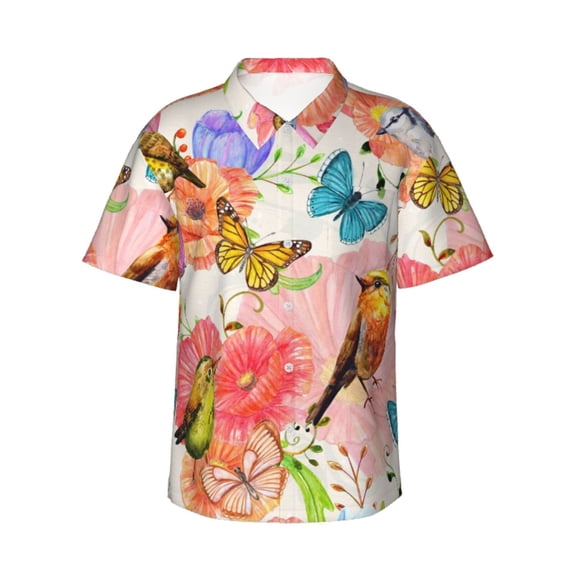 Bixox Men's Hawaiian Shirts Men's Flowers And Birds Watercolor Print Short-Sleeve Shirt-Small