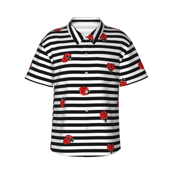 Bixox Men's Hawaiian Shirts Men's Ladybugs on Black and White Striped Print Short-Sleeve Shirt-Small