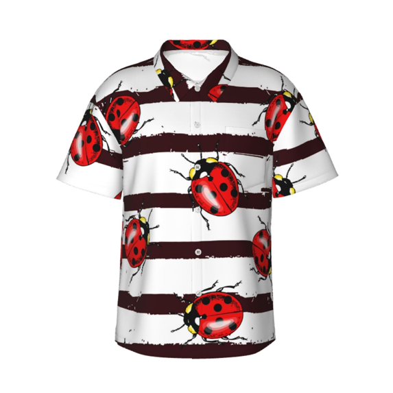 Bixox Men's Hawaiian Shirts Men's Ladybugs on Black and White Striped1 Print Short-Sleeve Shirt-3X-Large