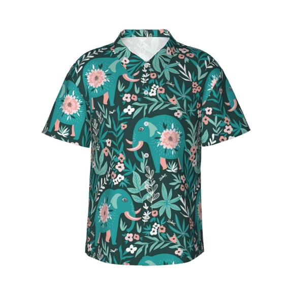 Bixox Men's Hawaiian Shirts Men's Lephants in the Jungle Print Short-Sleeve Shirt-XX-Large