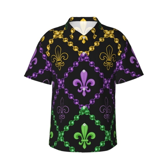 Bixox Men's Hawaiian Shirts Men's Mardi Gra Geometric Print Short-Sleeve Shirt-XX-Large