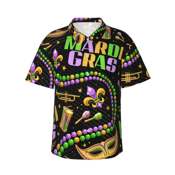 Bixox Men's Hawaiian Shirts Men's Mardi Gras3 Print Short-Sleeve Shirt-Medium