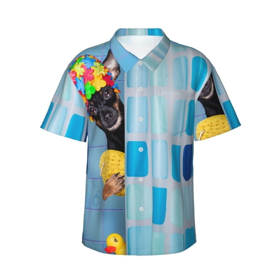 Bixox Men's Hawaiian Shirts Men's Prague Ratter Dog in Bathtub Print Short-Sleeve Shirt-Medium