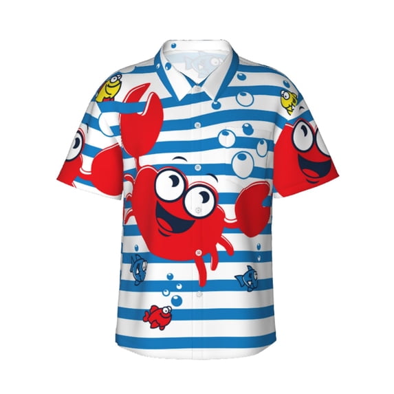 Bixox Men's Hawaiian Shirts Men's Red Funny Crab on Blue Stripe Print Short-Sleeve Shirt-Medium