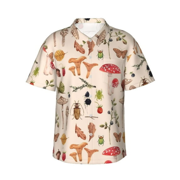 Bixox Men's Hawaiian Shirts Men's Retro Autum Mushrooms Print Short-Sleeve Shirt-Large