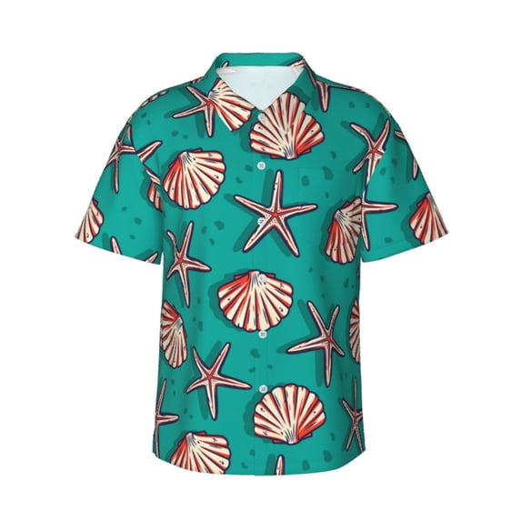 Bixox Men's Hawaiian Shirts Men's Starfish and Shell Print Short-Sleeve Shirt-Medium