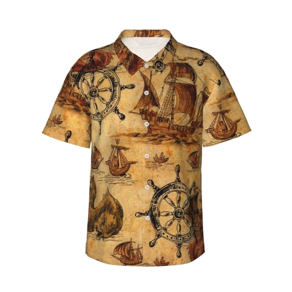 Bixox Men's Hawaiian Shirts Men's Vintag Ancient Sailboats Print Short-Sleeve Shirt-X-Large