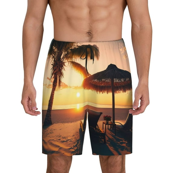 Bixox Men's Hawaiian Sunset Beach printed lightweight casual shorts, soft sleep shorts with pockets.