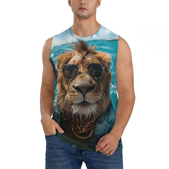 Bixox Men's Hawaiian Swimming Lion Printed Shirt Sleeveless Fitness Tank Top-3X-Large