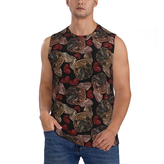 Bixox Men's Hearts and French Bulldog Printed Shirt Sleeveless Fitness Tank Top-Large