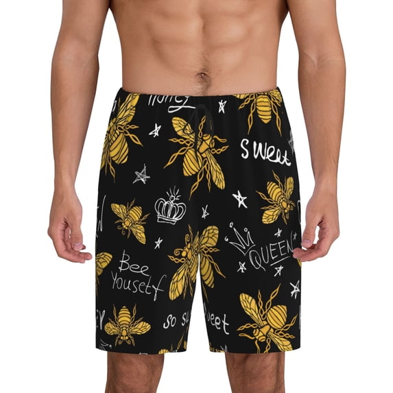 Bixox Men's Hohey Bee Golden Embroidery printed lightweight casual shorts, soft sleep shorts with pockets.