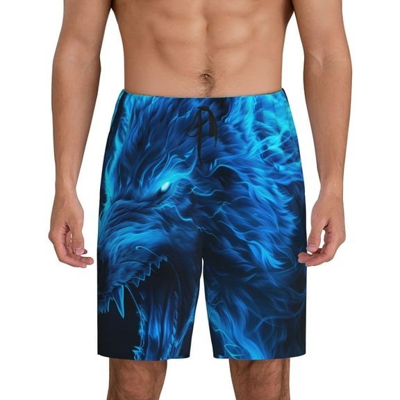 Bixox Men's Ice Blue Fire Wolf printed lightweight casual shorts, soft sleep shorts with pockets.