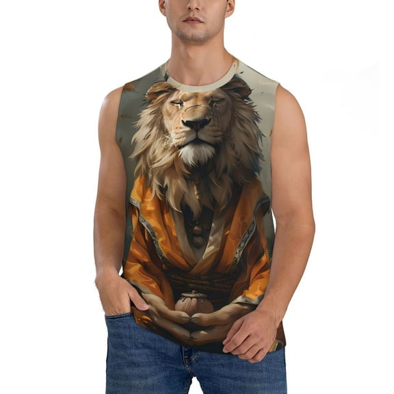 Bixox Men's Jungle Meditating Lion Printed Shirt Sleeveless Fitness Tank Top-Small