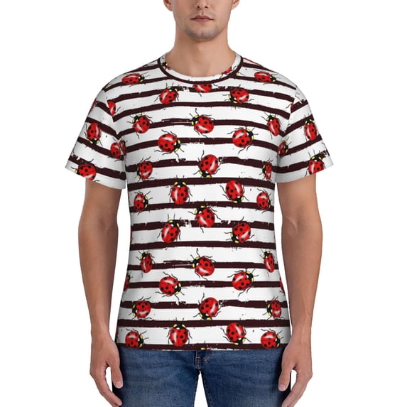 Bixox Men's Ladybugs on Black and White Striped1 Printed Short Sleeve Skinny Athletic T-Shirt