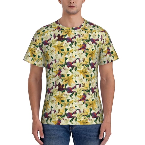 Bixox Men's Lilies Flowers Printed Short Sleeve Skinny Athletic T-Shirt