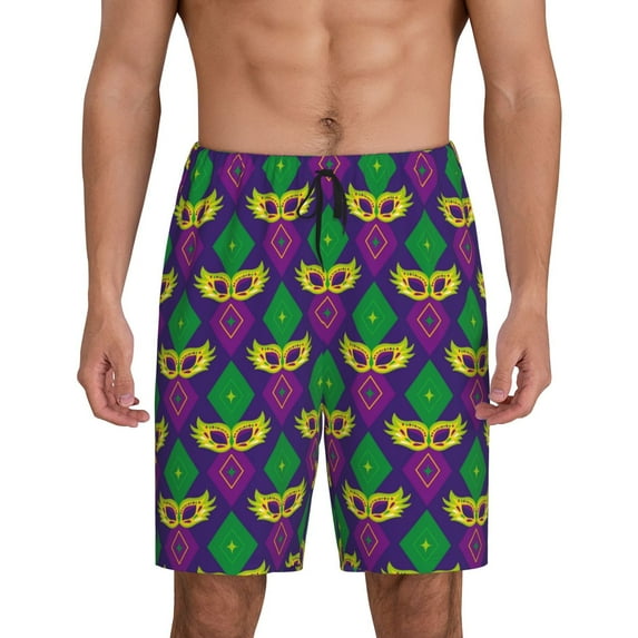 Bixox Men's Mardi Gras Carnival3 printed lightweight casual shorts, soft sleep shorts with pockets.
