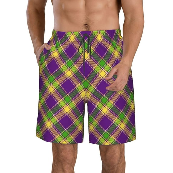 Bixox Men's Mardi Gras Plaid printing Casual Classic Fit Short Summer Beach Shorts