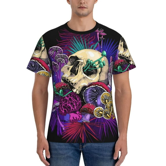 Bixox Men's Mushrooms and Skull Printed Short Sleeve Skinny Athletic T-Shirt