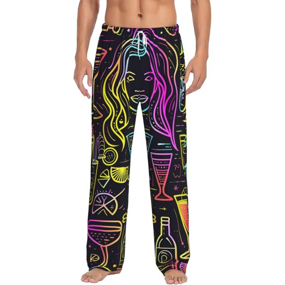 Bixox Men's Neon Bar Drinks Patterned Pajama Pants with Pockets Lounge Clothes for Home