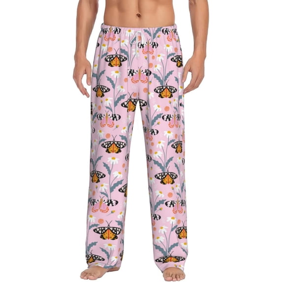 Bixox Men's Pink Butterfly Daisy Patterned Pajama Pants with Pockets Lounge Clothes for Home