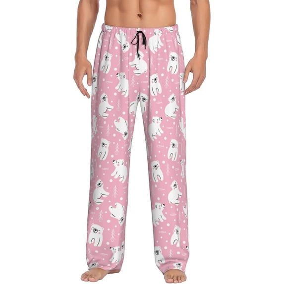 Bixox Men's Pink Cartoon Bear Patterned Pajama Pants with Pockets Lounge Clothes for Home