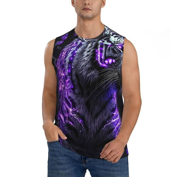 Bixox Men's Purple Plant White Tiger Printed Shirt Sleeveless Fitness Tank Top-XX-Large