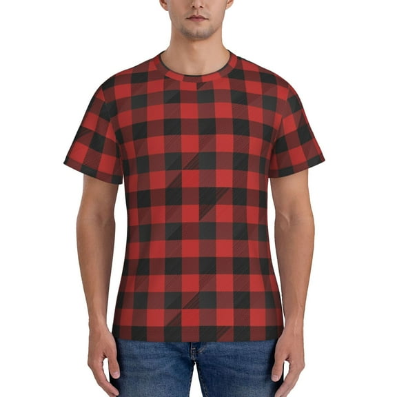 Bixox Men's Red Black Plaid Printed Short Sleeve Skinny Athletic T-Shirt