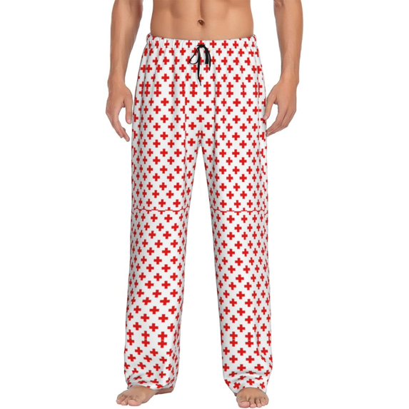 Bixox Men's Red Cross Patterned Pajama Pants with Pockets Lounge Clothes for Home