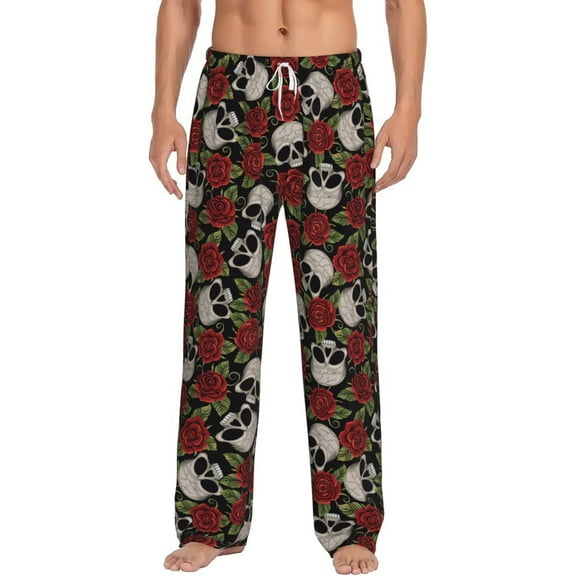 Bixox Men's Red Rose Skull Patterned Pajama Pants with Pockets Lounge Clothes for Home