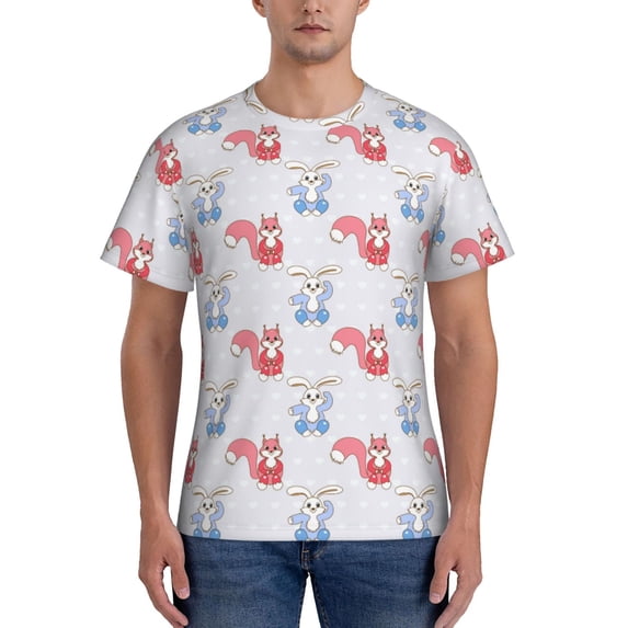 Bixox Men's Red Squirrel And Blue Rabbit Printed Short Sleeve Skinny Athletic T-Shirt