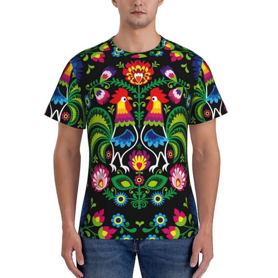 Bixox Men's Roosters and Flowers Printed Short Sleeve Skinny Athletic T-Shirt