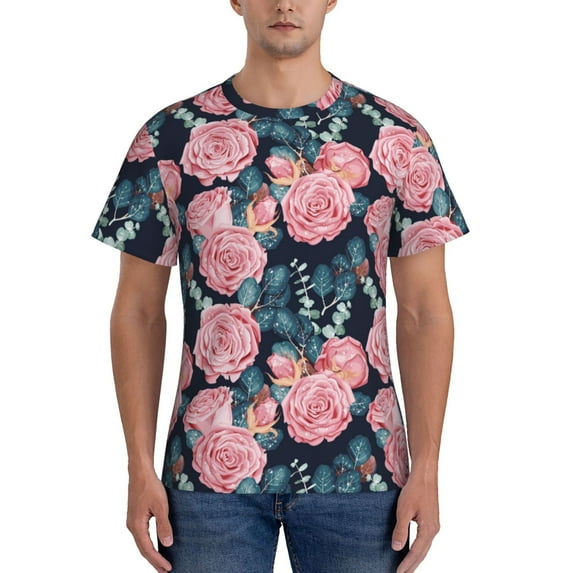 Bixox Men's Rose Flowers Printed Short Sleeve Skinny Athletic T-Shirt