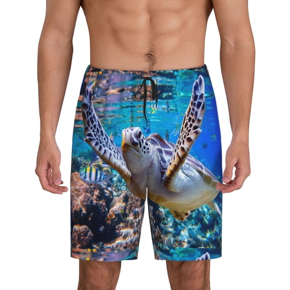 Bixox Men's Sea Turtle Swims printed lightweight casual shorts, soft sleep shorts with pockets.
