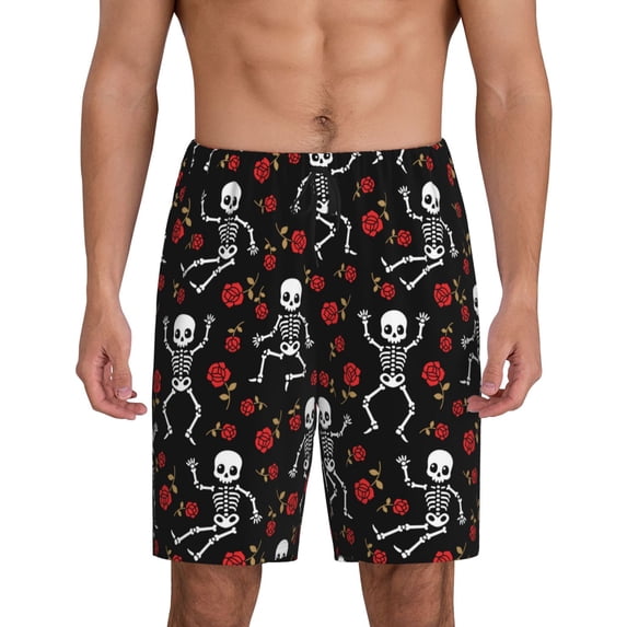 Bixox Men's Skeleton with Roses printed lightweight casual shorts, soft sleep shorts with pockets.