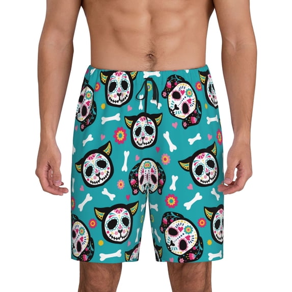Bixox Men's Skull Cat printed lightweight casual shorts, soft sleep shorts with pockets.