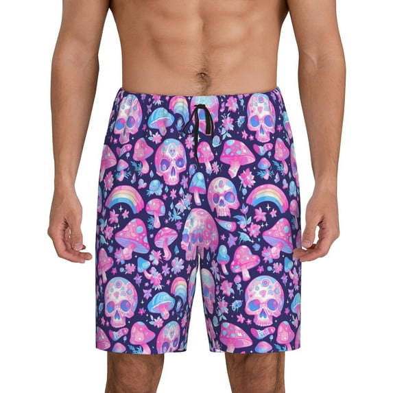 Bixox Men's Skull Rainbow Mushroom printed lightweight casual shorts, soft sleep shorts with pockets.
