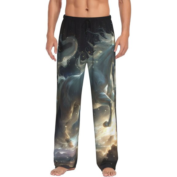 Bixox Men's Space White Horse Patterned Pajama Pants with Pockets Lounge Clothes for Home