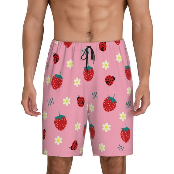 Bixox Men's Strawberry and Ladybugs printed lightweight casual shorts, soft sleep shorts with pockets.