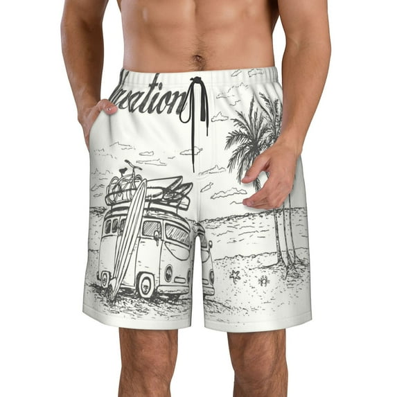 Bixox Men's Summer Vacation Scene With Camping Van printing Casual Classic Fit Short Summer Beach Shorts